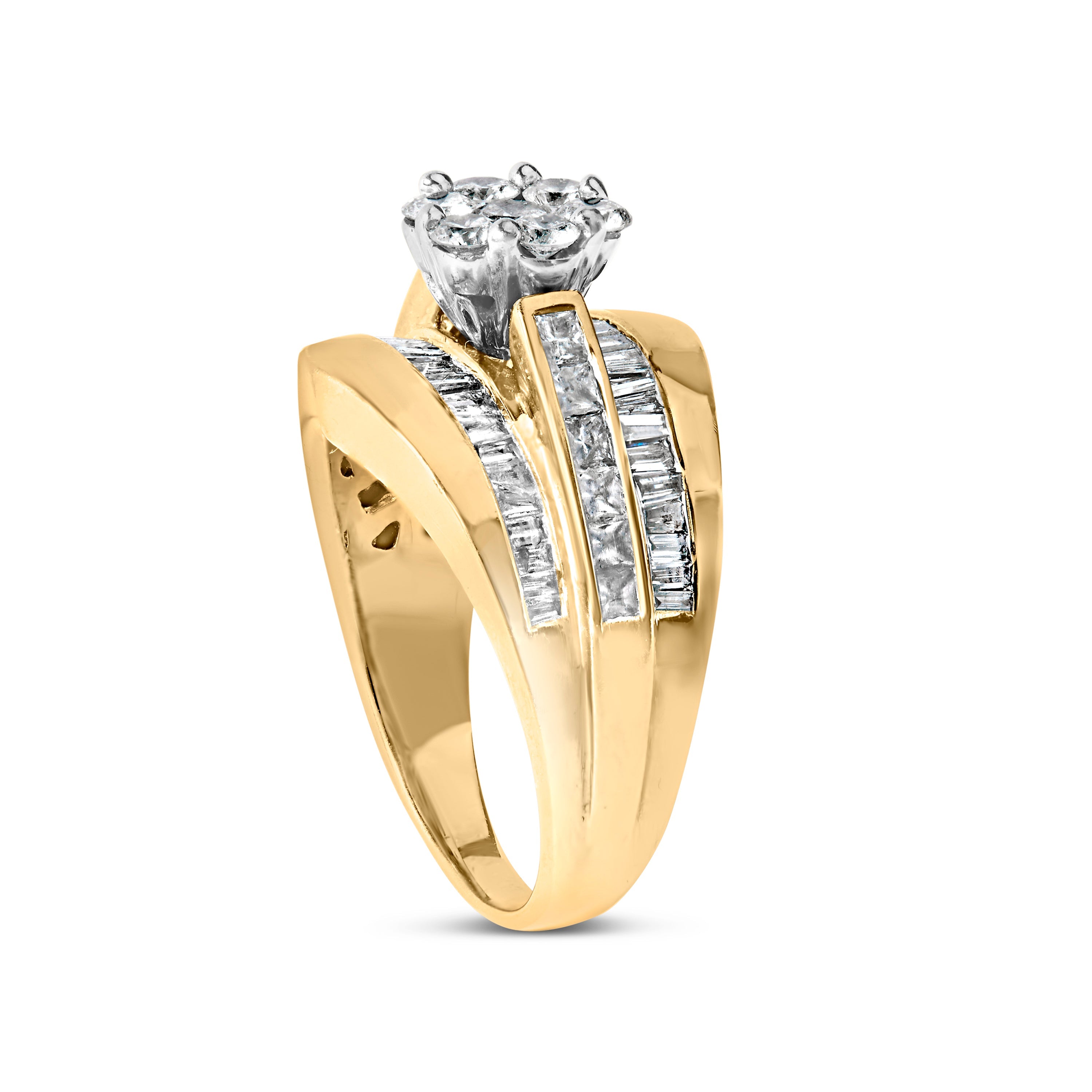 14K Yellow Gold 2-1/3 Cttw Diamond Cluster Channel Set Chevron Shaped Band Engagement Ring & Wedding Band Set